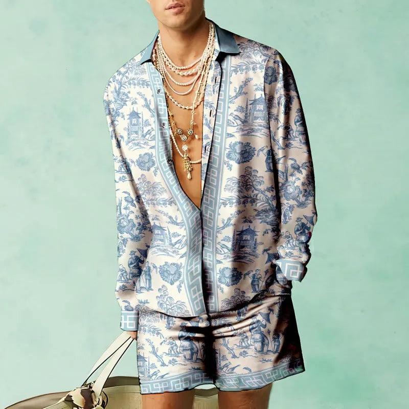 Casual summer shirt and shorts set in slim fit design with long sleeves