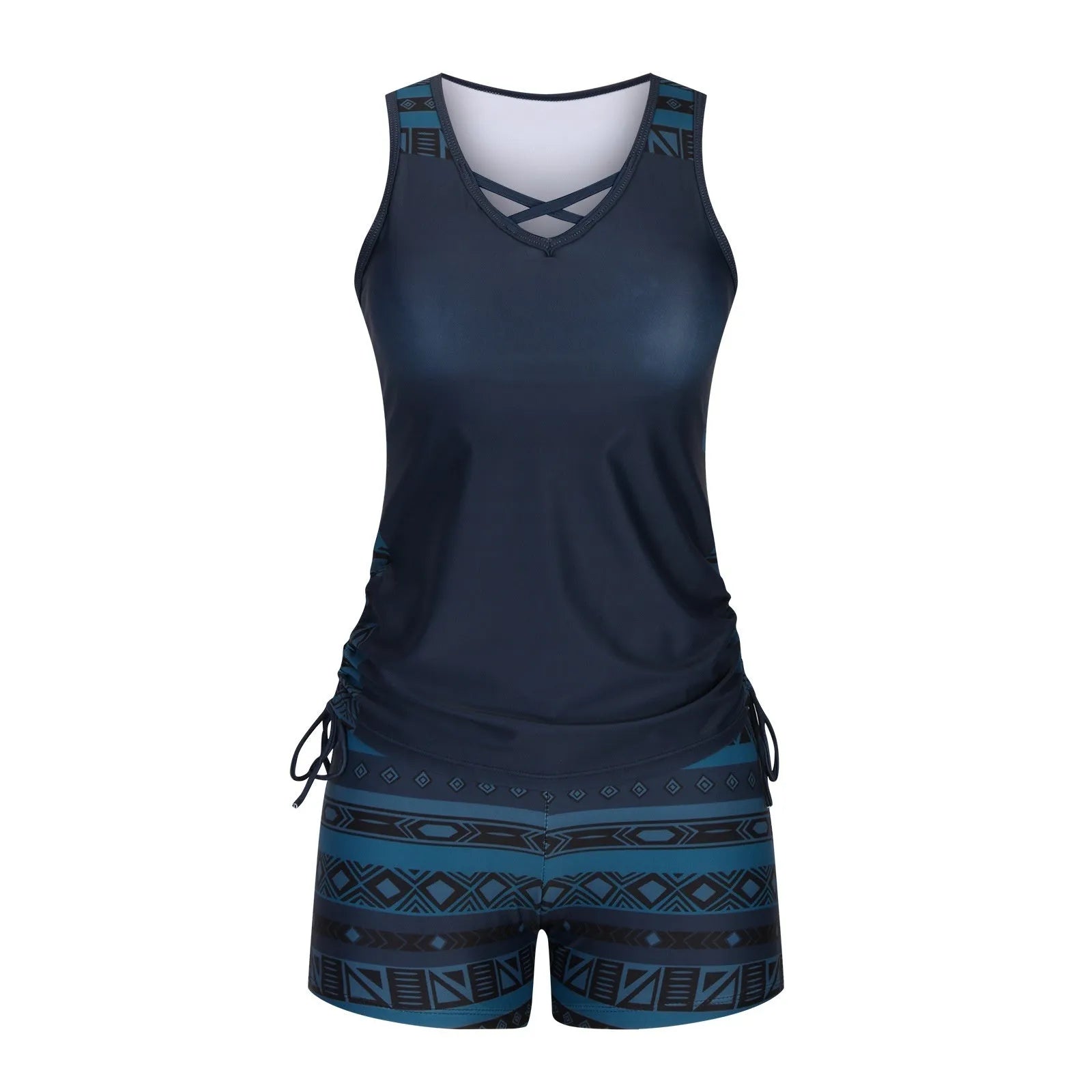 Women's blue printed lace two-piece swimsuit top and shorts laid flat.