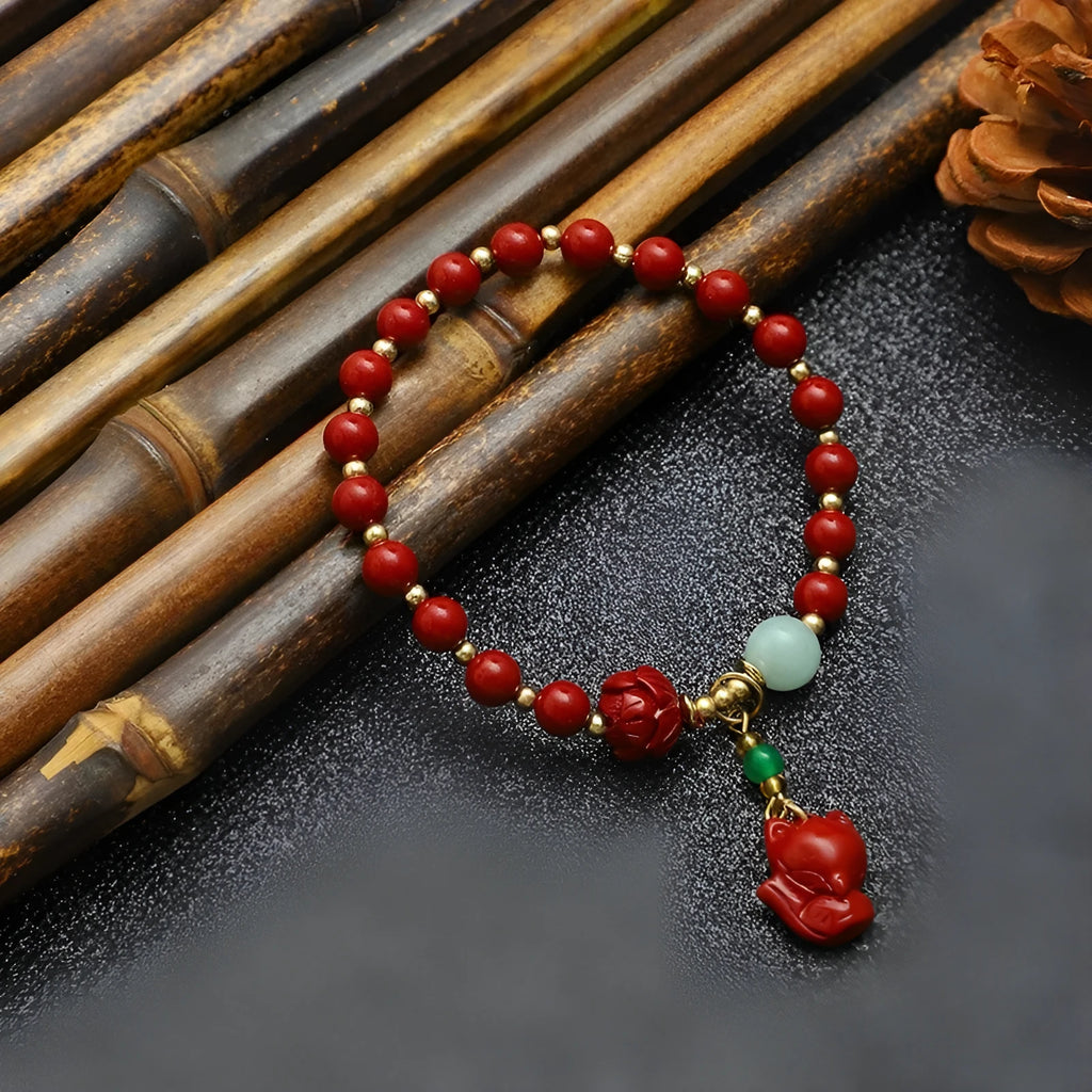 Handmade cinnabar fox pendant bracelet with peace buckle and auspicious cloud motifs
