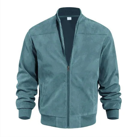 Men's plus size suede zipper jacket in army green with cotton lining, shown in regular fit.
