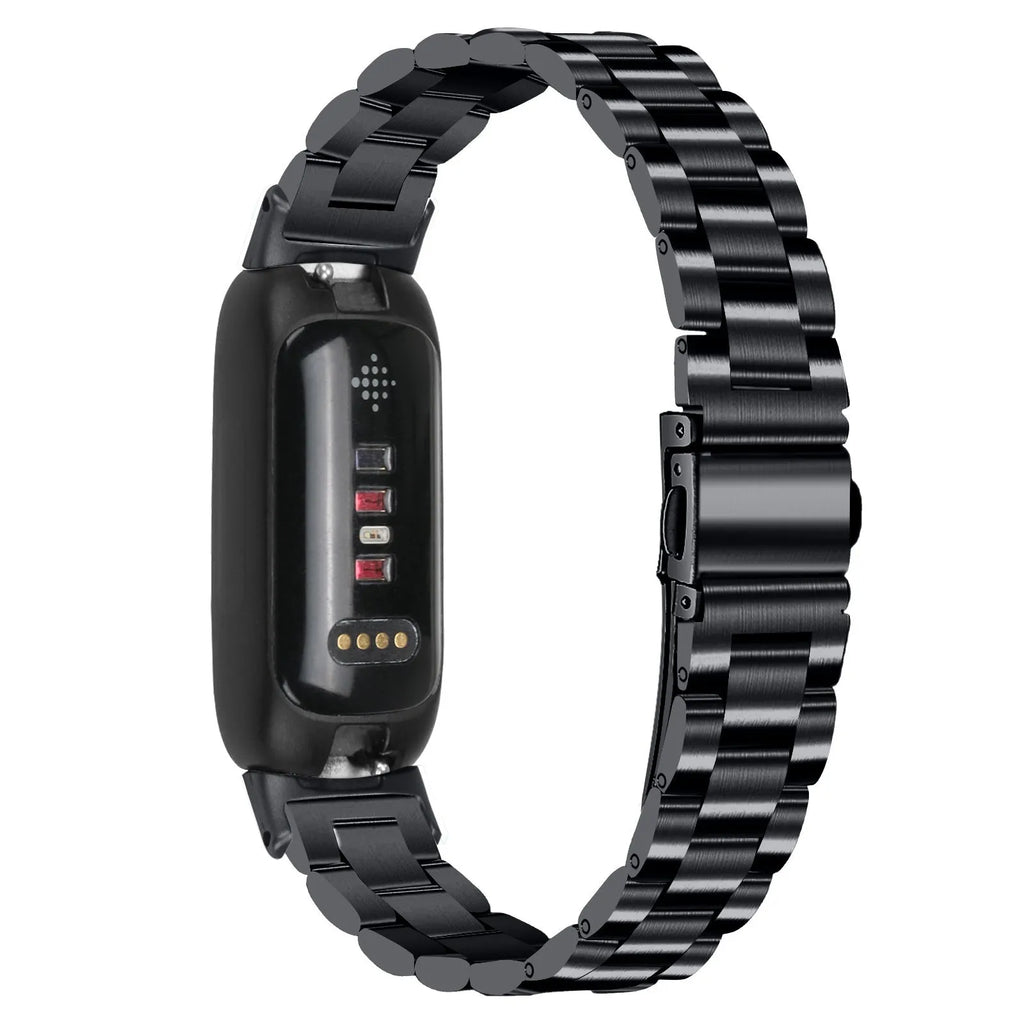 Stainless steel three-bead watch strap for Fitbit Inspire 3 fitness tracker showing adjustable clasp and bead detail
