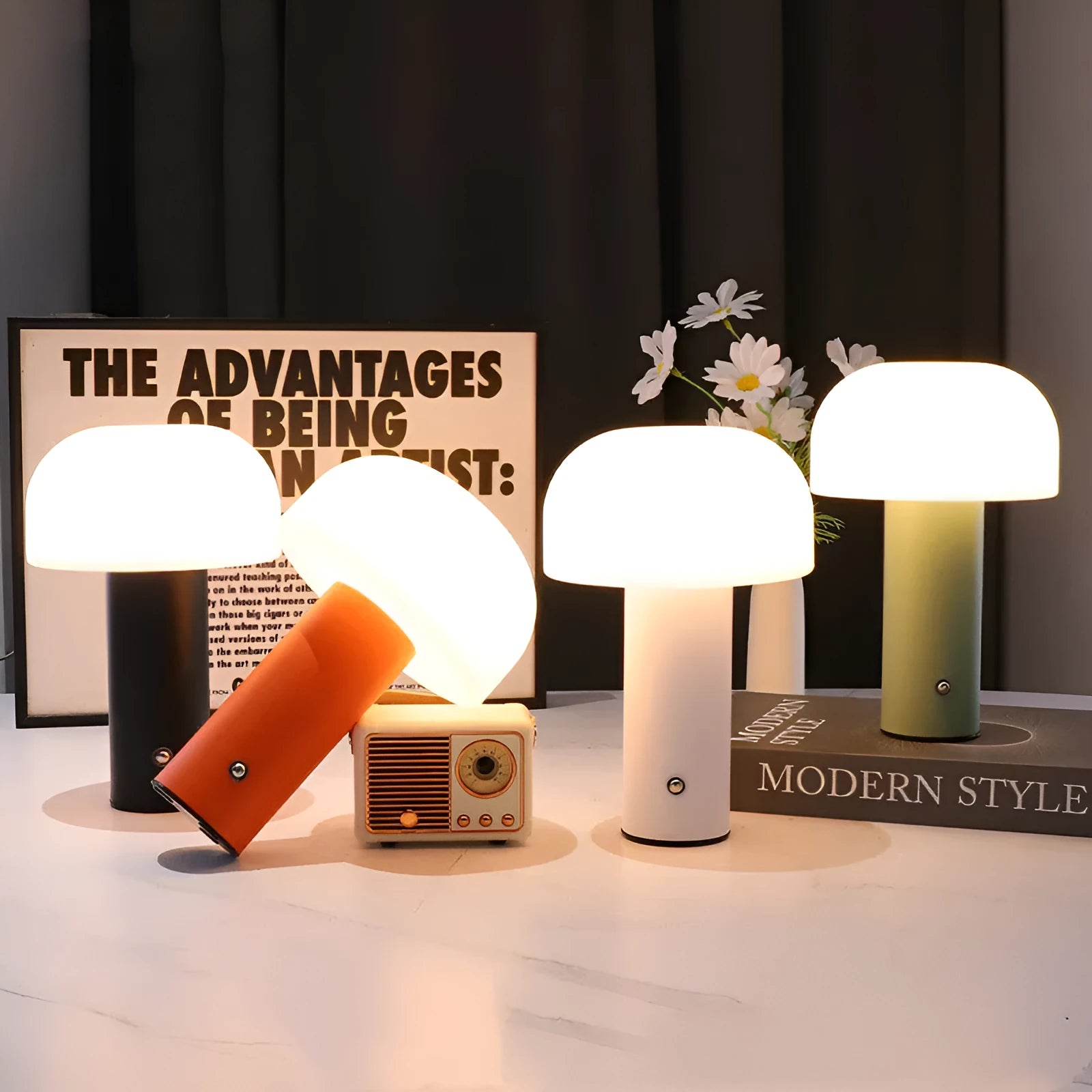 Creative plastic table lamp with USB and plug-in power options in black, white, orange, or green.