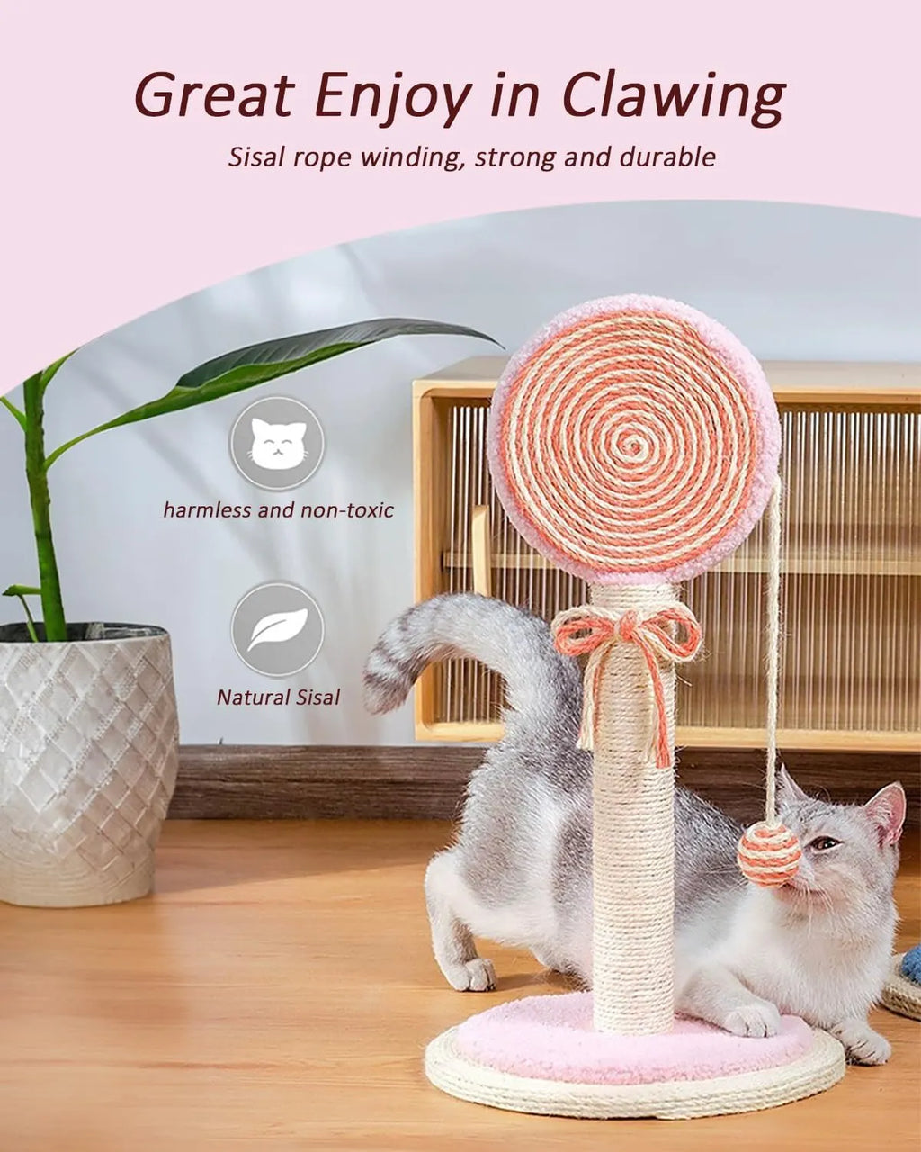 Blue cat scratching post with natural sisal rope, hanging ball, and wide heavy-duty base.
