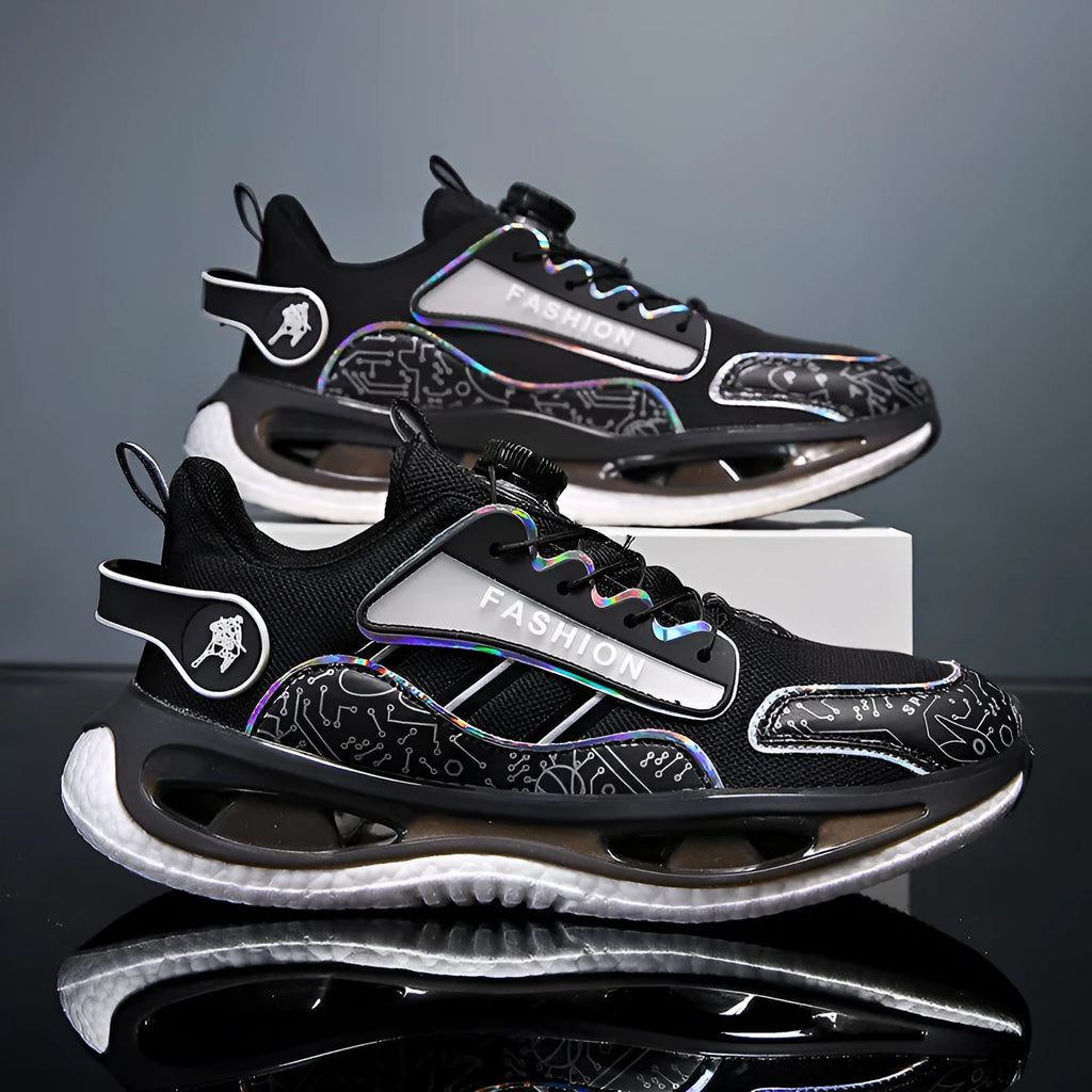 Men's low-top mesh sports shoes in black with an elastic band closure and textured popcorn TPU sole.