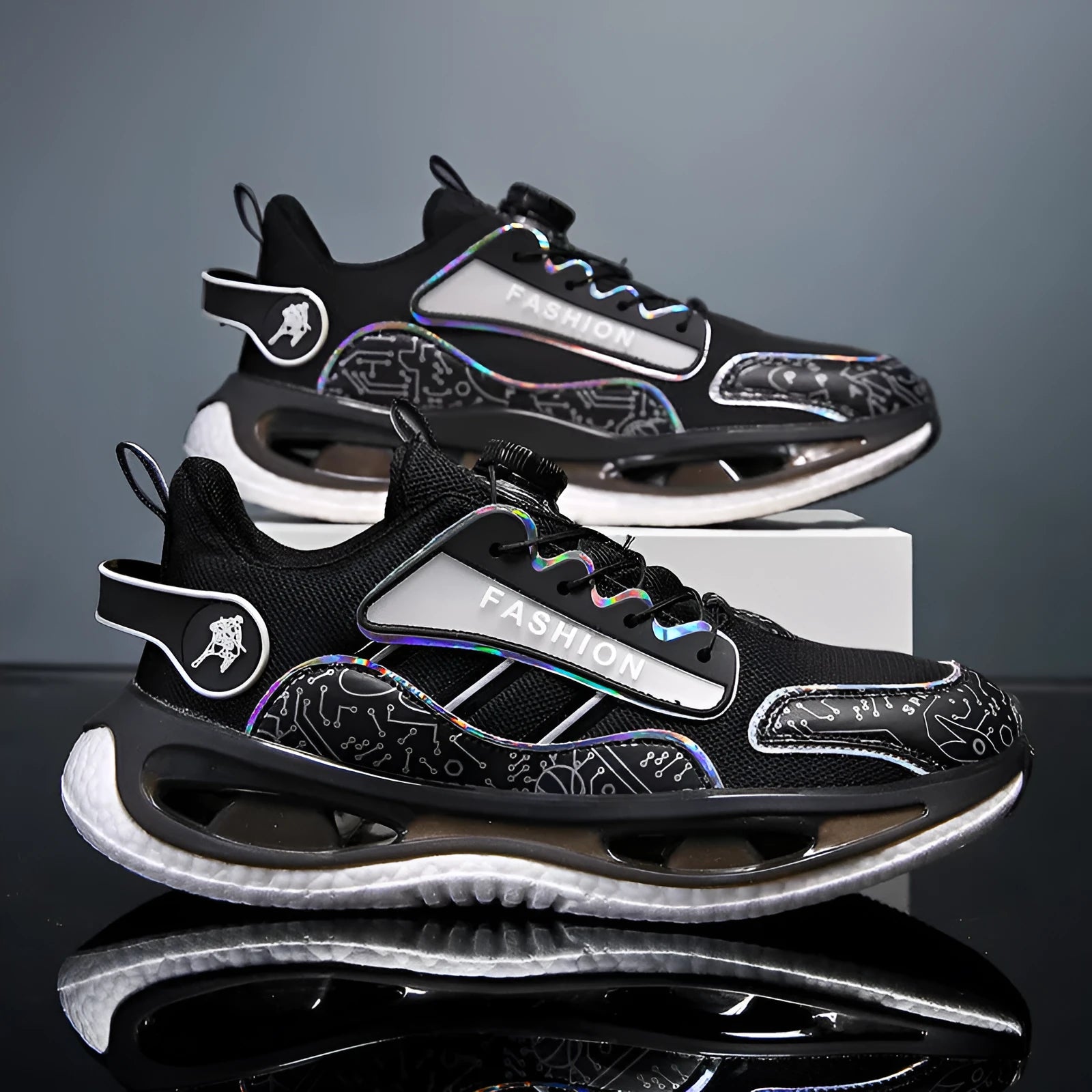 Men's low-top mesh sports shoes in black with an elastic band closure and textured popcorn TPU sole.