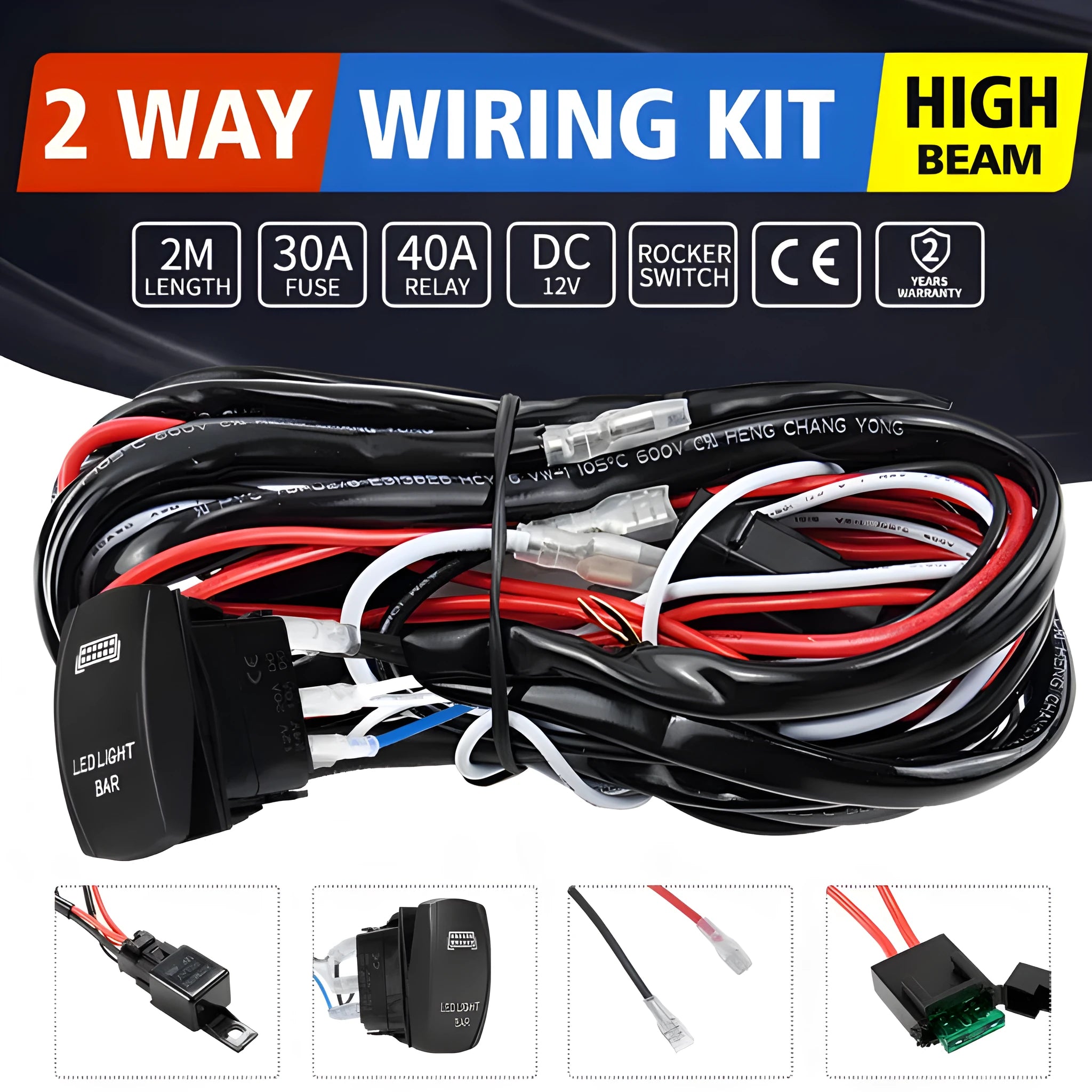 Black off road LED spotlight wiring harness with switch, 2 metres long