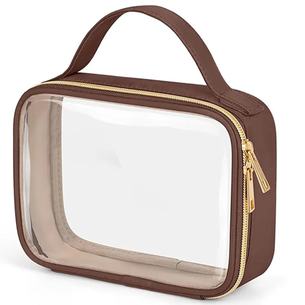 Transparent PVC cosmetics wash bag with chain in multiple colour options on a white background.