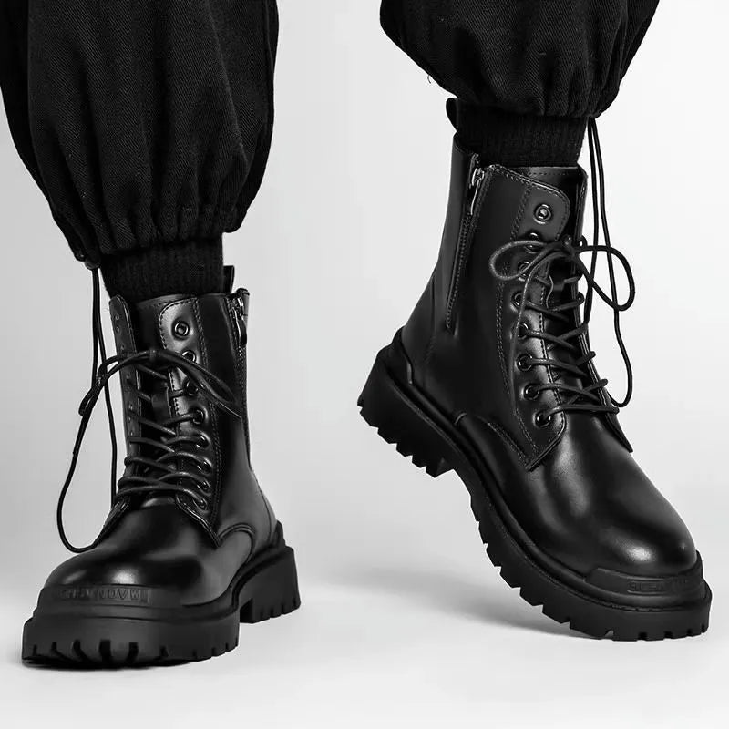 Men's black mid-top British leather style boots with waterproof uppers and rubber soles