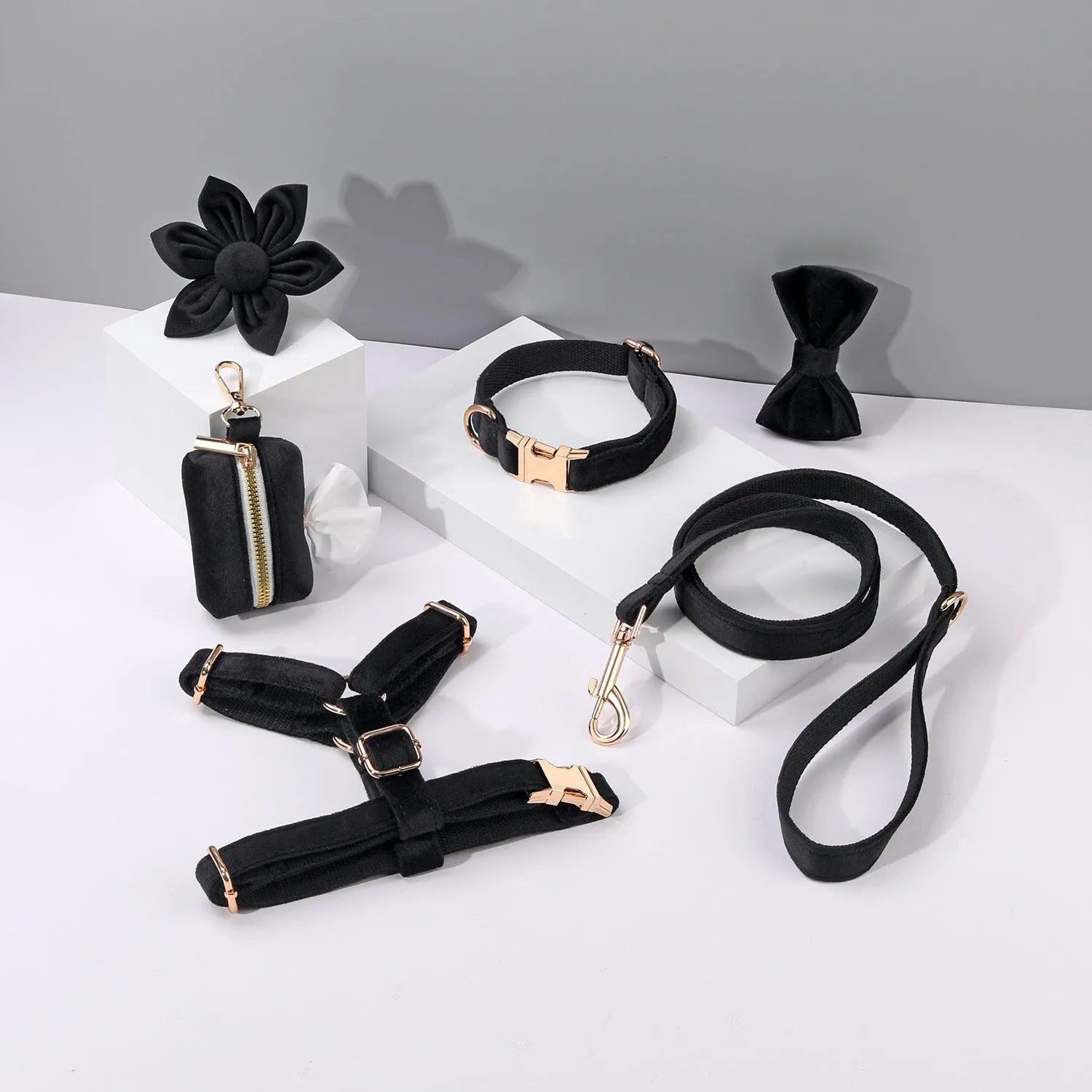 Classic velvet pet collar and traction rope set with matching bow tie, flower and accessories