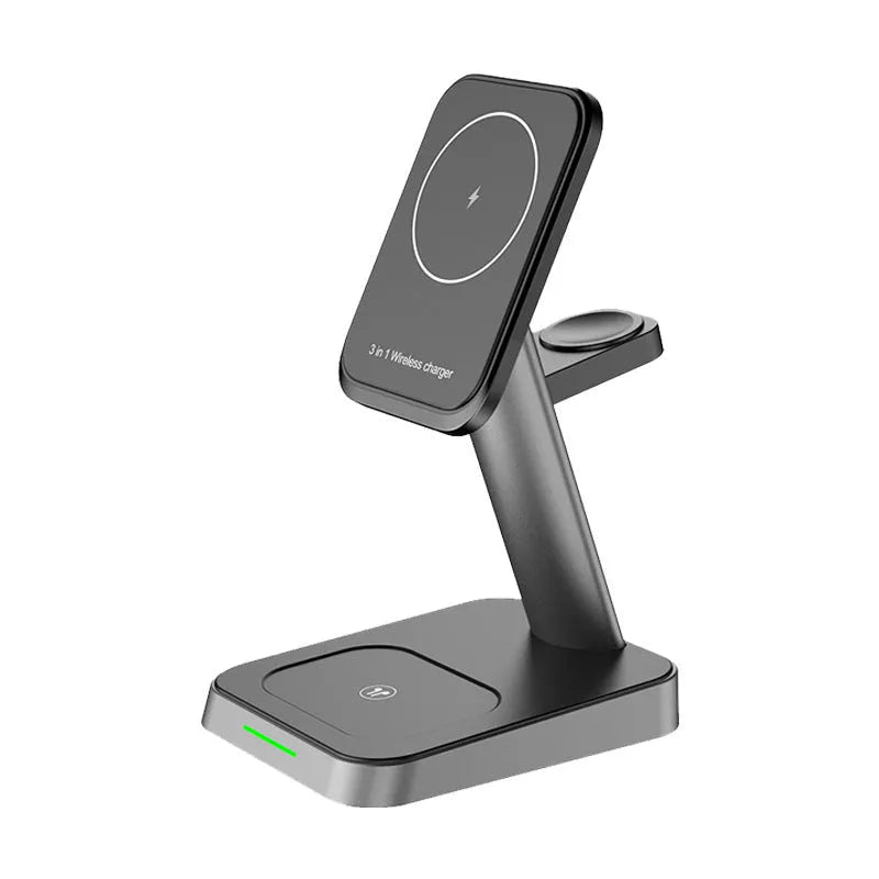 Black vertical wireless charging station with phone and watch charging on minimalist desk