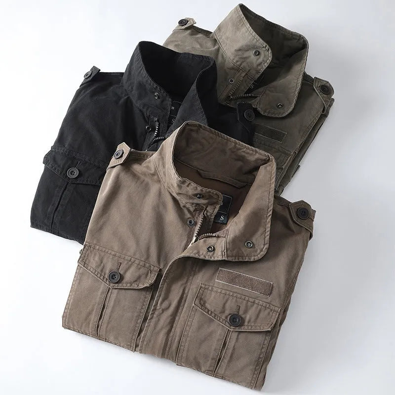Men's loose fit cotton twill jacket in light brown, retro style, zip front, no hood.