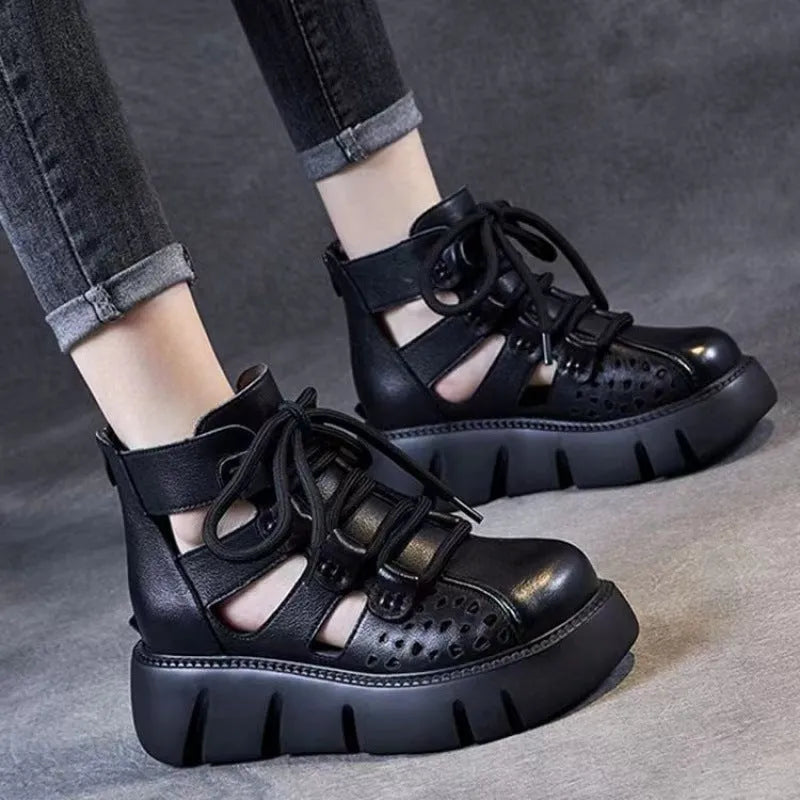 Women's black hollow hole platform sandals with fish mouth toe holder and PU sole