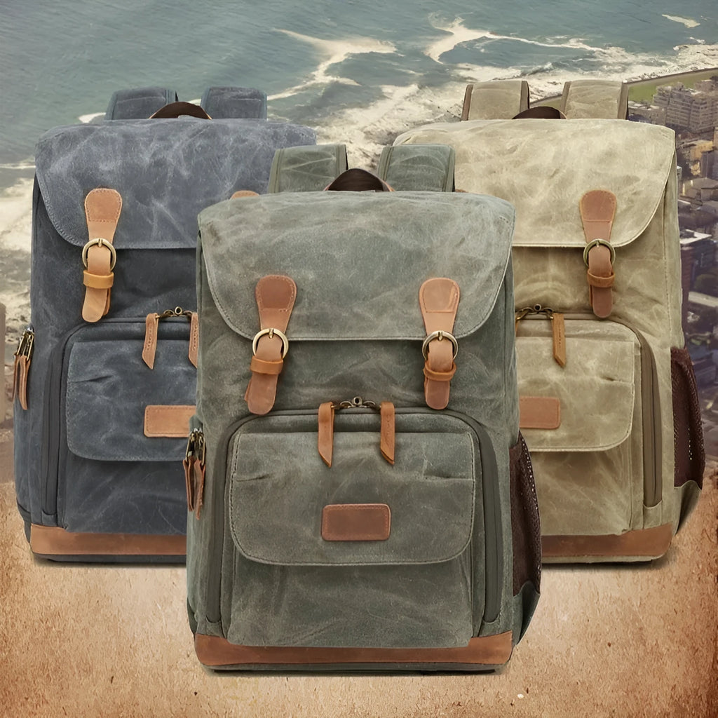 Canvas DSLR camera bag backpack in khaki, grey black, or army green.