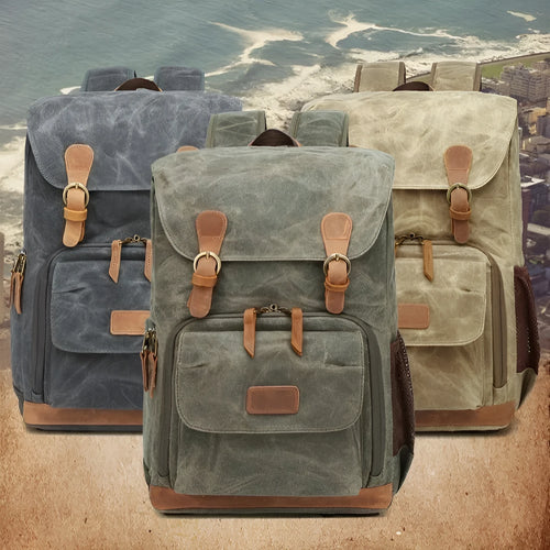 Canvas DSLR camera bag backpack in khaki, grey black, or army green.