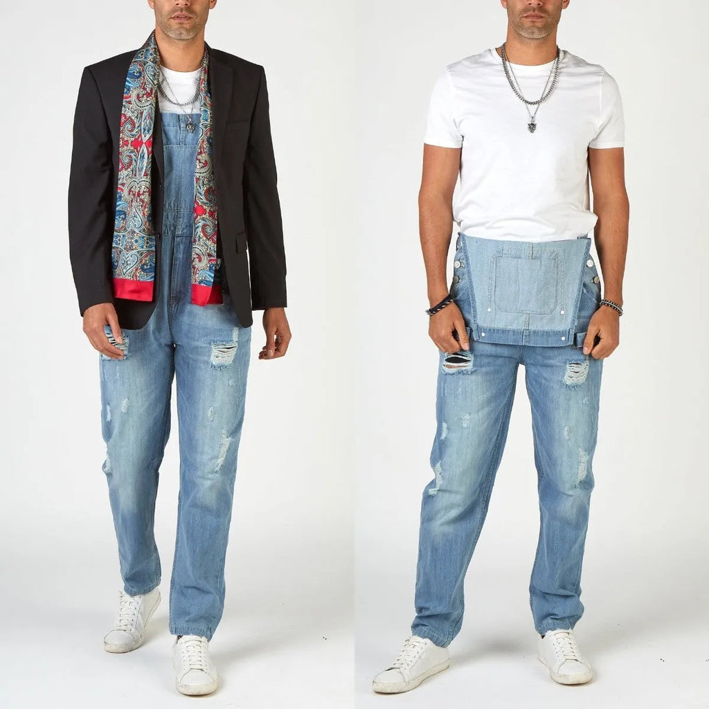 Light blue men's jeans with rips, high waist, built-in suspenders, and straight legs on a size chart.