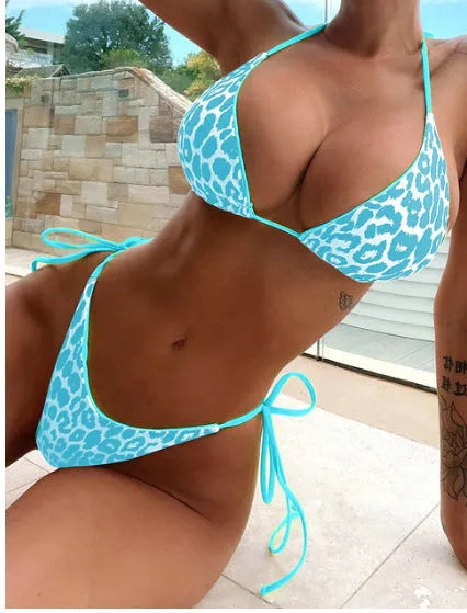 Women's lace-up triangle split bikini set in polyester fabric showing adjustable design