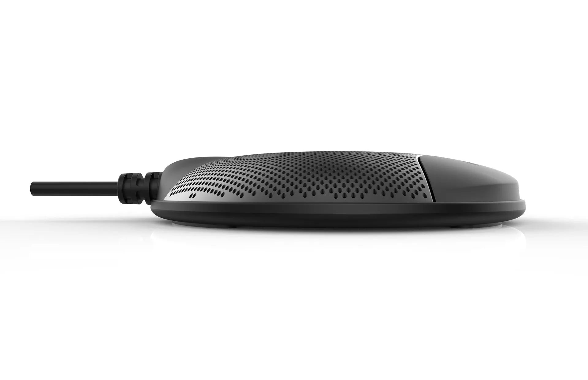 Black USB condenser microphone for conferences and gaming, dimensions 9x9x1.7cm