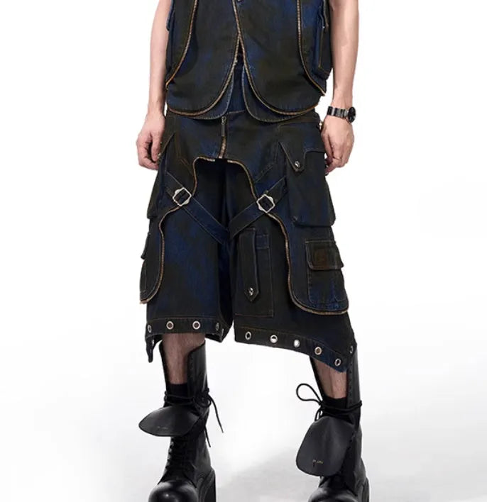 Blue polyester Korean style hooded denim vest coat with matching trousers two-piece set