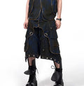 Blue polyester Korean style hooded denim vest coat with matching trousers two-piece set
