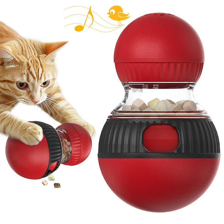 Rotating plastic cat toy with sound feedback system and treat-dispensing ball mechanism