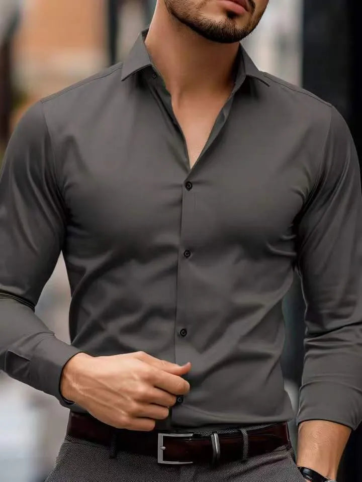 Men's casual lapel shirt in solid colour, long sleeves, polyester fabric, regular fit
