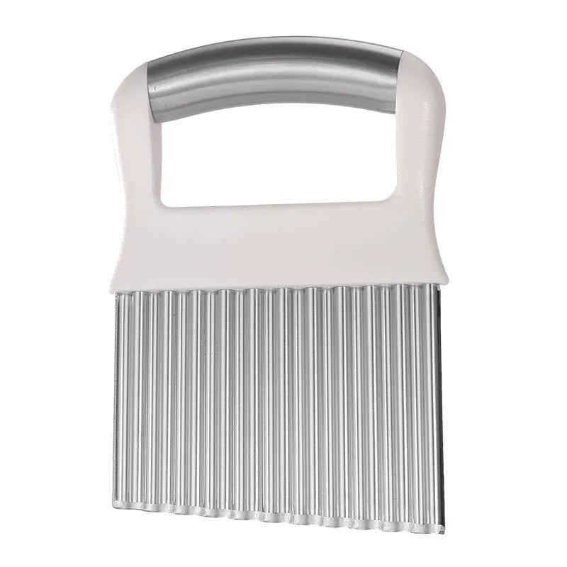 Stainless steel potato wave knife for cutting crinkle chips, shown in black colour.
