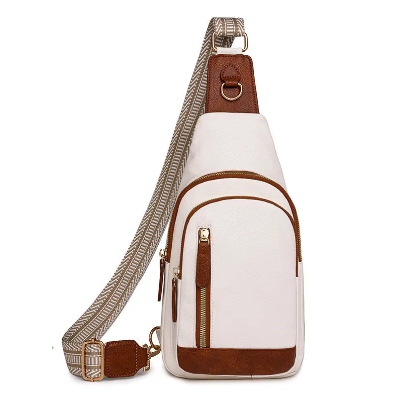 Women's soft PU chest bag in beige with multiple compartments and crossbody strap