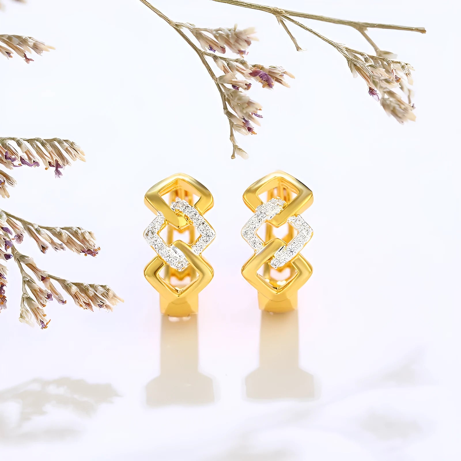 Geometric hollow-out gold electroplated alloy drop earrings with colour separation ear clip