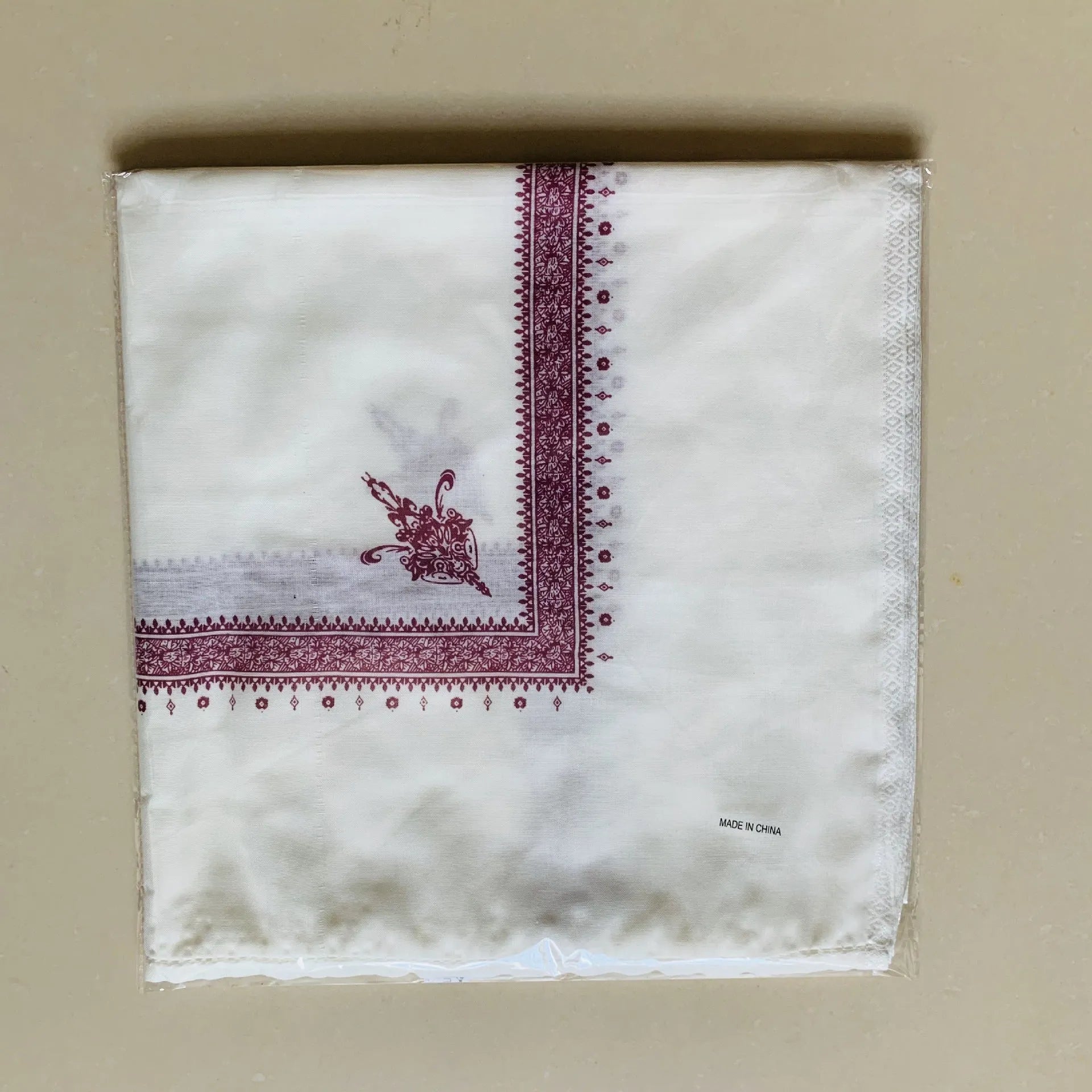 Printed square polyester scarf showing coffee colour option laid flat to display 138cm dimensions