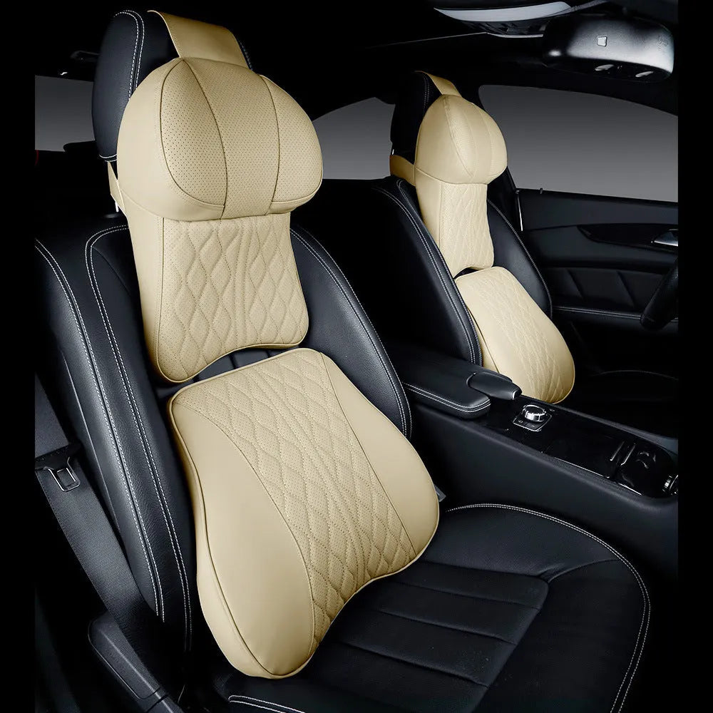 Beige car neck pillow and lumbar support pillow set with embroidered wavy pattern on polyester fabric