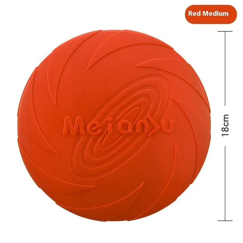 Dogs Base soft rubber dog frisbee toy in red, blue, and green colours shown in small, medium, and large sizes.