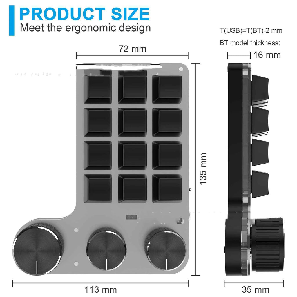 Black Bluetooth custom shortcut keyboard with 12 keys and 3 knobs and RGB backlighting