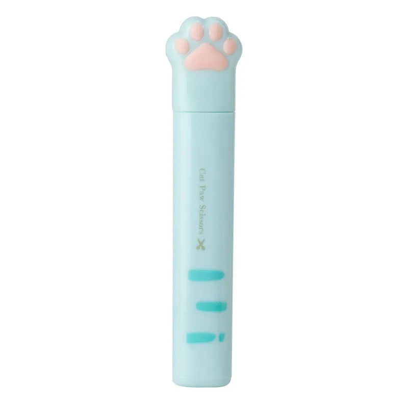 Cat paw mini folding scissors in four colours showing stainless steel blades and compact 8.7cm size