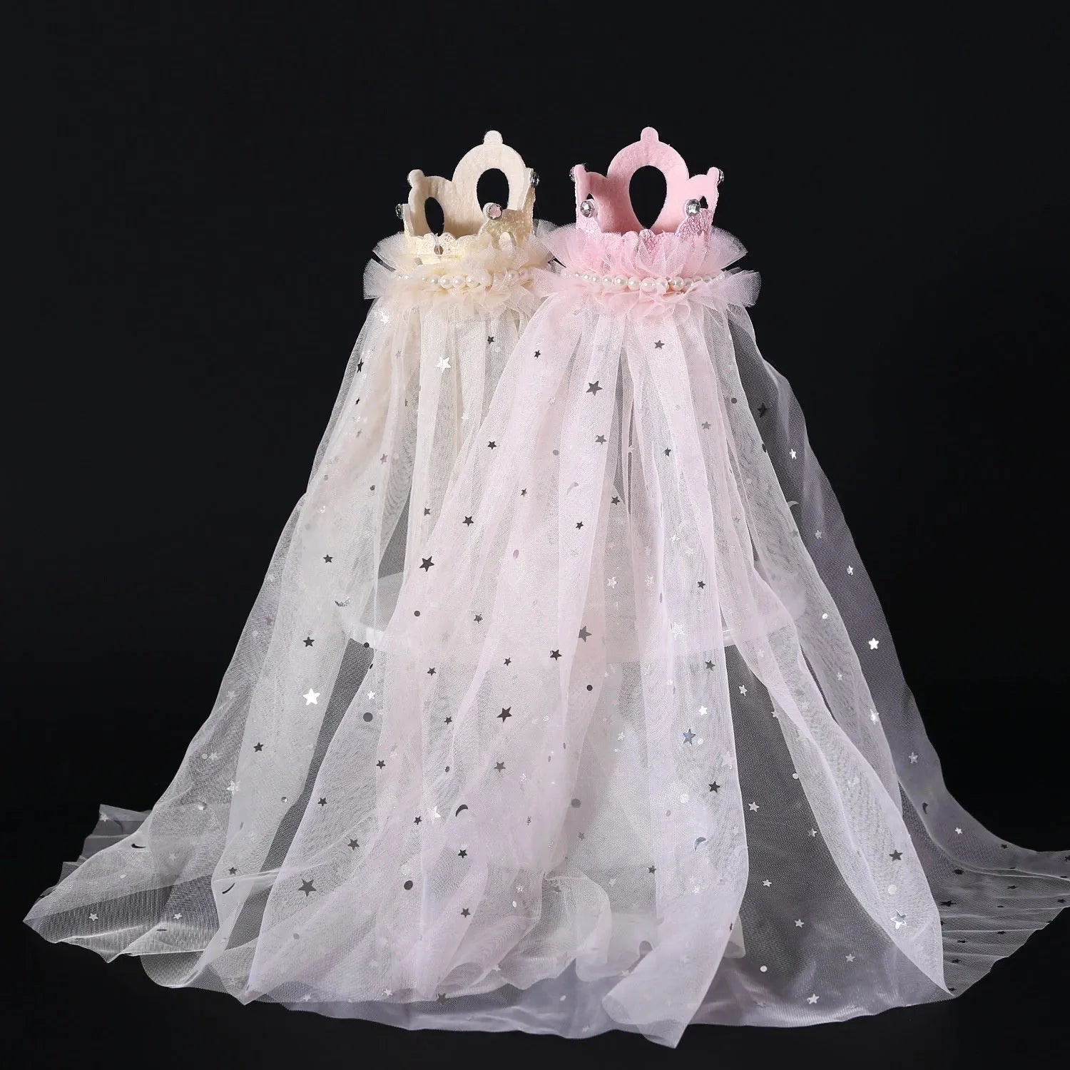 Princess crown headdress with veil for a cat, shown in beige and pink colour options.
