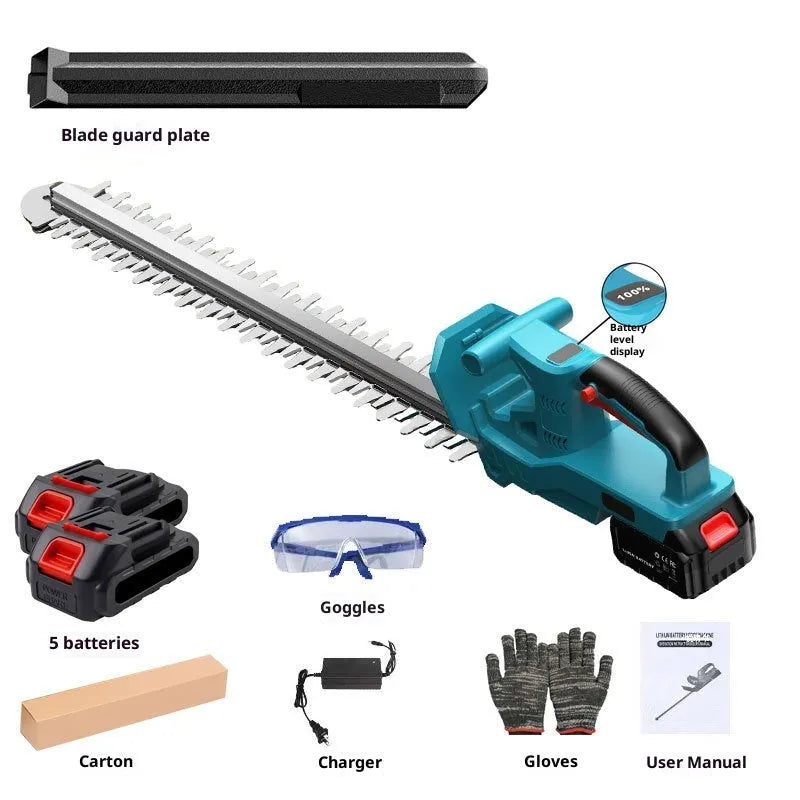 24V lithium battery cordless electric hedge trimmer with two batteries and charger on white background