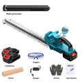 24V lithium battery cordless electric hedge trimmer with two batteries and charger on white background