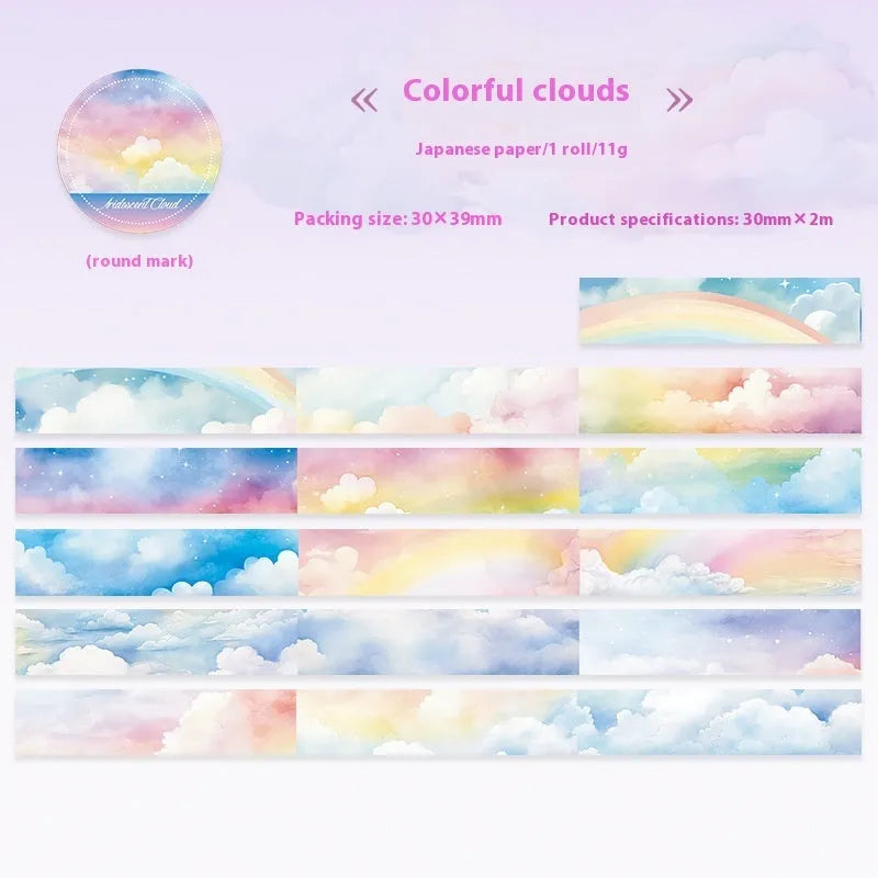 Roll of Japanese paper washi tape with sky theme patterns, showing 30mm width and 2m length.