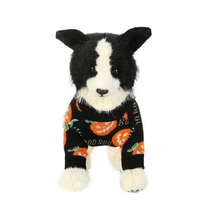 Black dog sweater with orange pumpkin print for Halloween, shown on a mannequin.