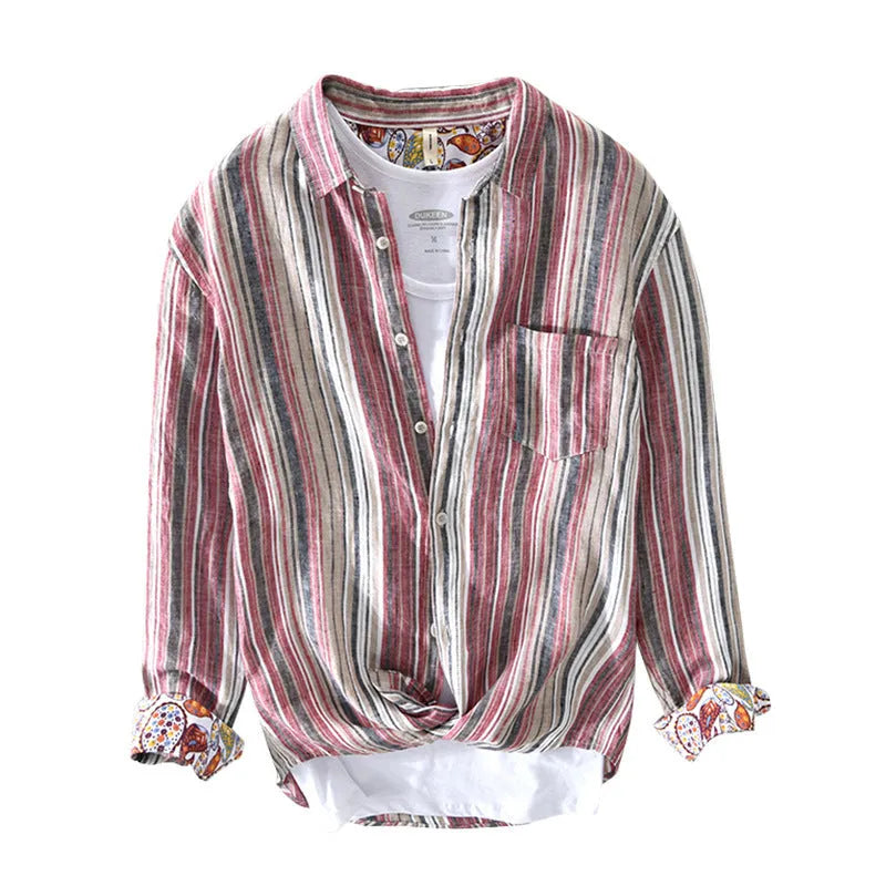A man's casual red and grey striped linen shirt with long sleeves, laid flat to show its loose fit.