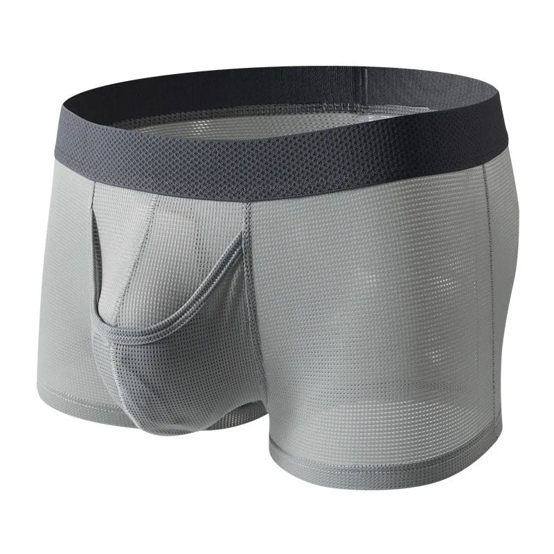Men's low waist ice silk boxer briefs in black, shown flat.
