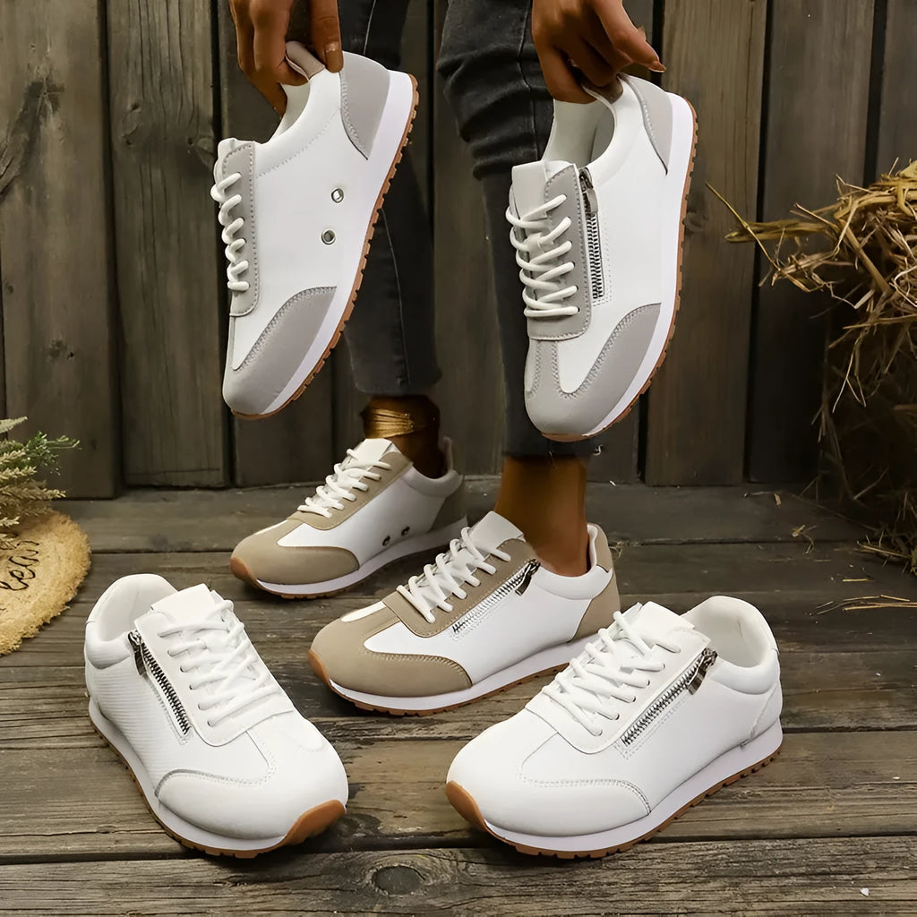 Women's flat-heeled shoes in champagne, gray or white with PU upper and rubber sole
