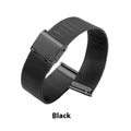 Milani natural style silk woven stainless steel watch band in silver, shown with multiple bandwidth size options.