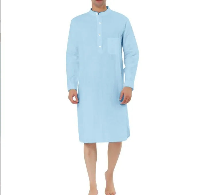 Men's cotton shirt robe in light blue with simple chest pocket, shown with relaxed fit for home wear
