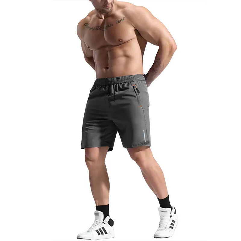 Men's grey bamboo blend sports shorts with an elastic high waist and drawstring detail.