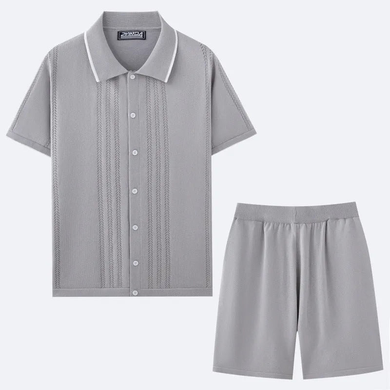 Women's khaki short sleeve sweater and shorts two-piece set laid flat.