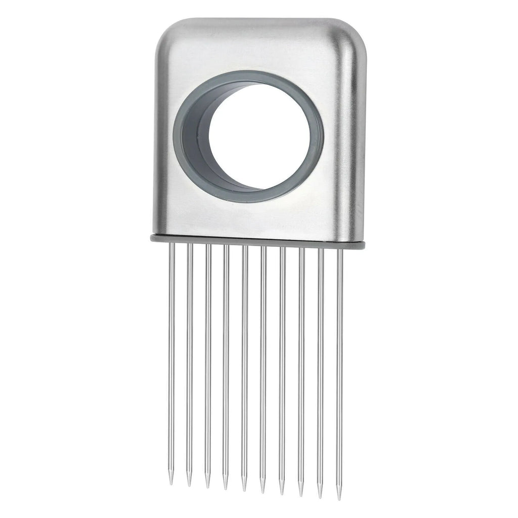Stainless steel food slice assistant with ABS handle for stabilising onions and tomatoes during cutting