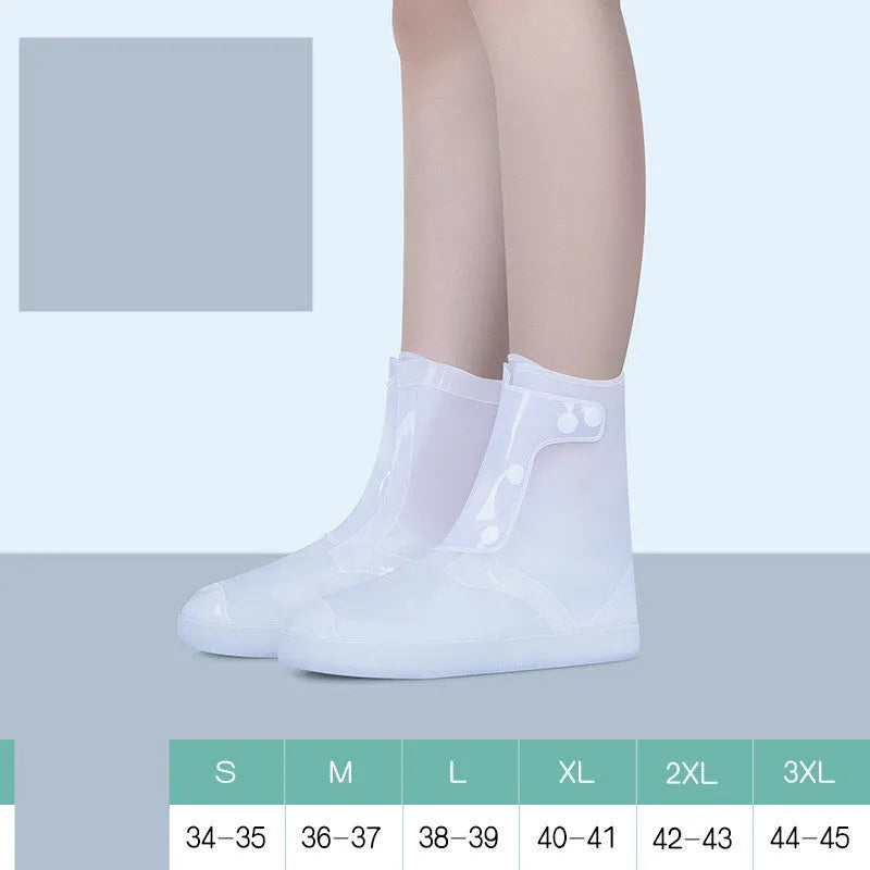 White high-top PVC reusable shoe covers for women, water resistant and anti-skid.