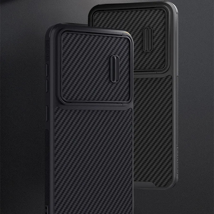 Black Samsung S23 Ultra phone case with lens push cover and carbon fibre elements