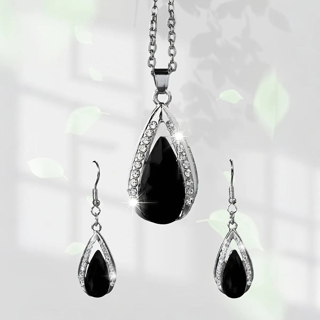 Teardrop pendant necklace and earrings jewellery set in black or red colour options
