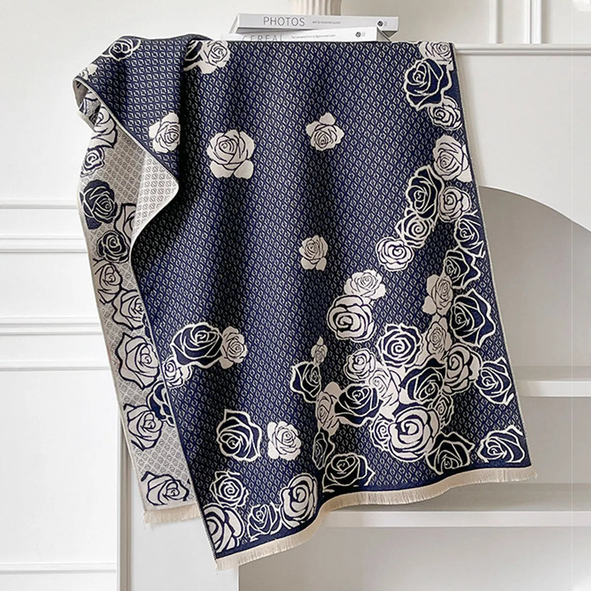 Long grey imitation cashmere winter scarf with tassels, shown draped